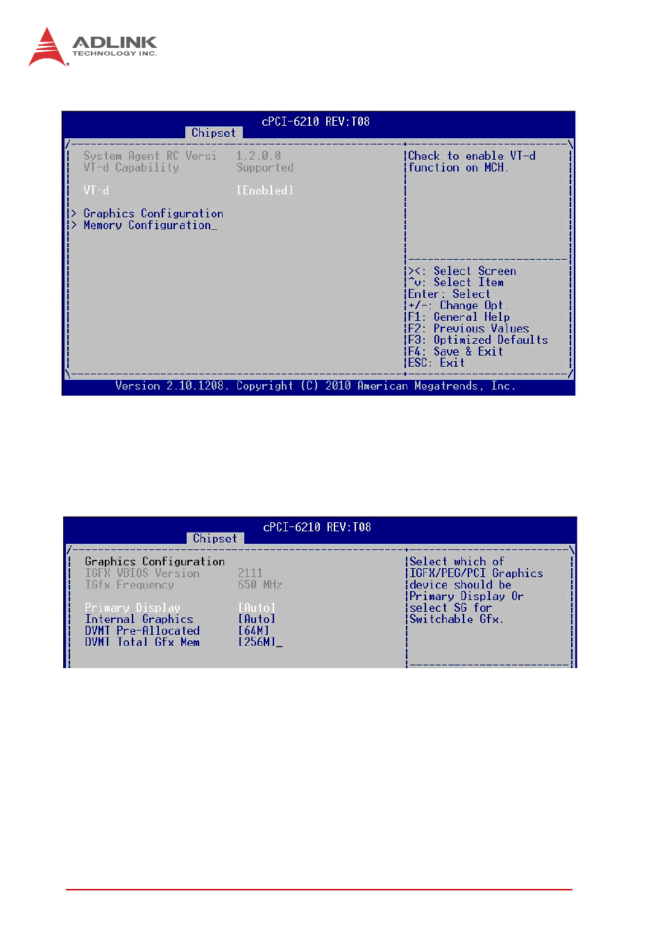 1 system agent (sa) configuratio, Vt-d, Graphics configuration | Primary display, Internal graphics | ADLINK cPCI-6210 User Manual | Page 116 / 140