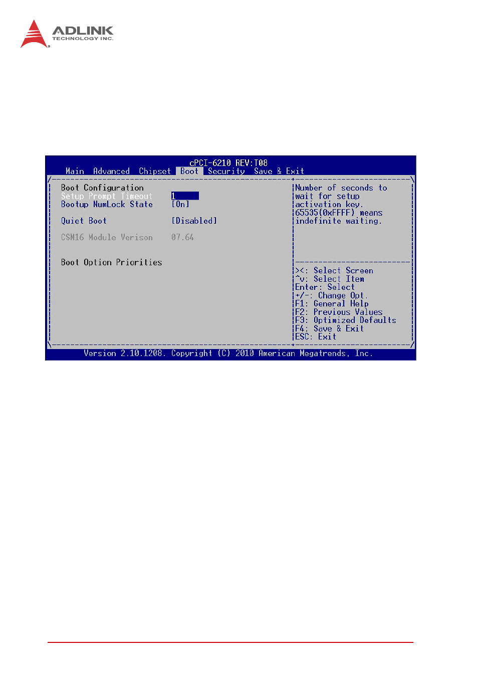 5 boot configuration, Setup prompt timeout, Bootup num-lock | Quiet boot, Boot configuration | ADLINK cPCI-6210 User Manual | Page 120 / 140