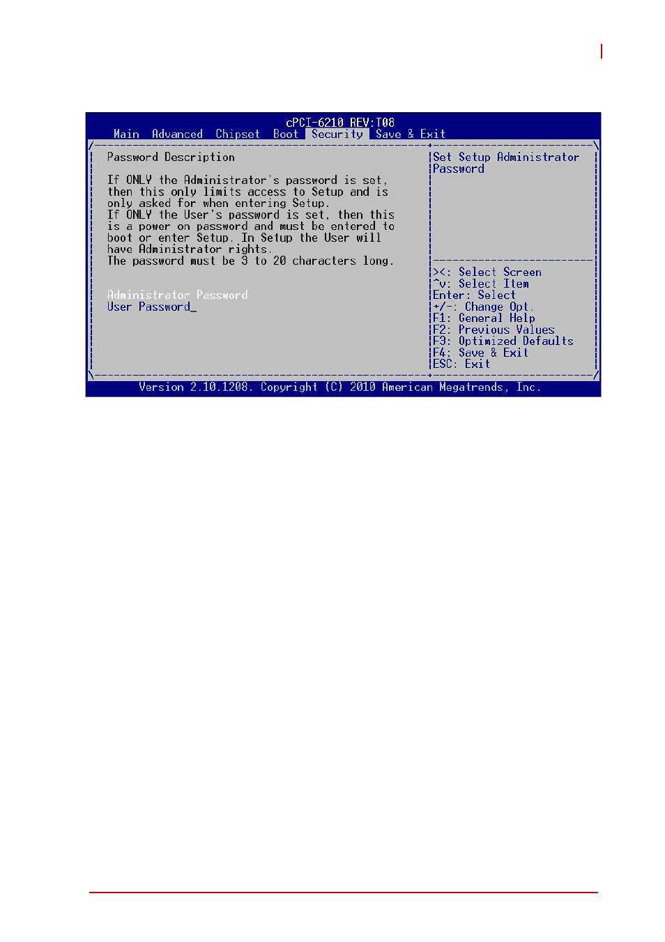 6 security setup, Administrator password, User password | Security setup | ADLINK cPCI-6210 User Manual | Page 121 / 140