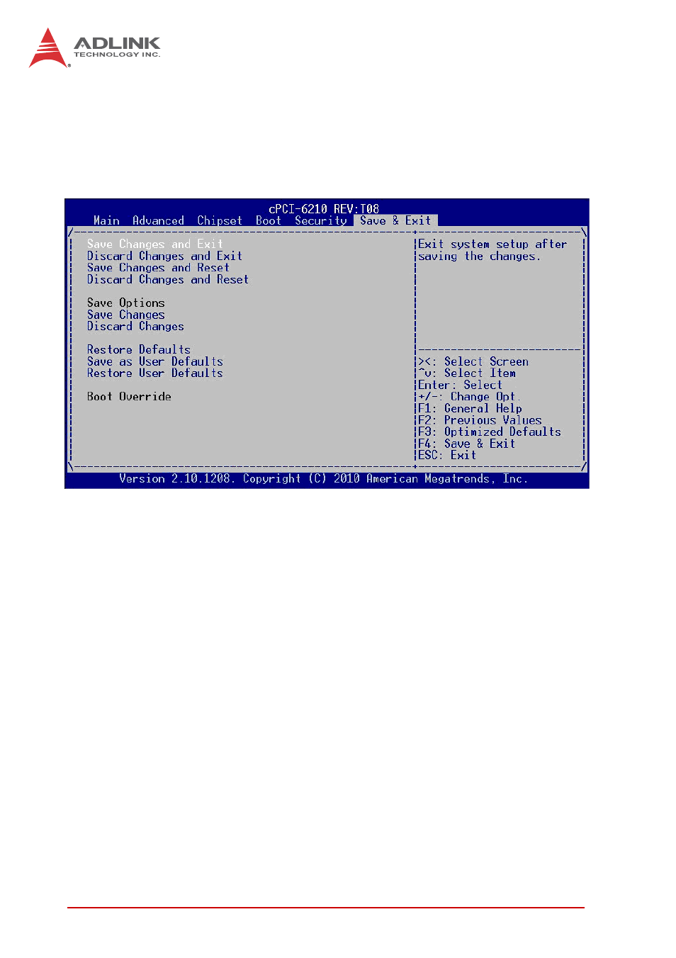 7 save & exit, Save changes and exit, Discard changes and exit | Save changes and reset, Discard changes and reset, Save & exit | ADLINK cPCI-6210 User Manual | Page 122 / 140