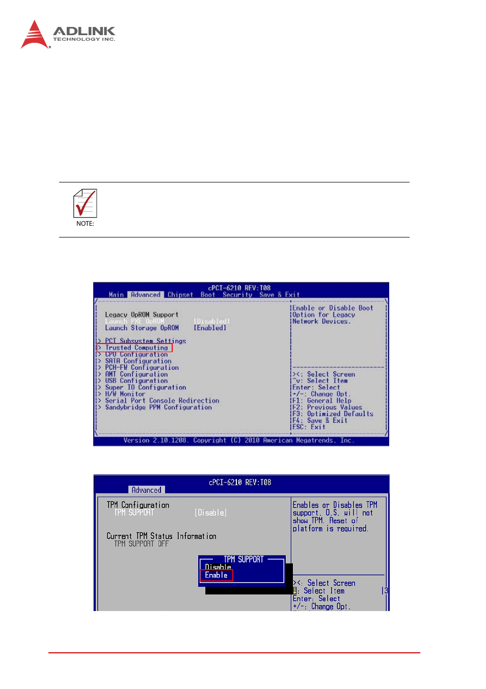 2 using the trusted platform module, Enabling tpm in bios, Using the trusted platform module | ADLINK cPCI-6210 User Manual | Page 86 / 140