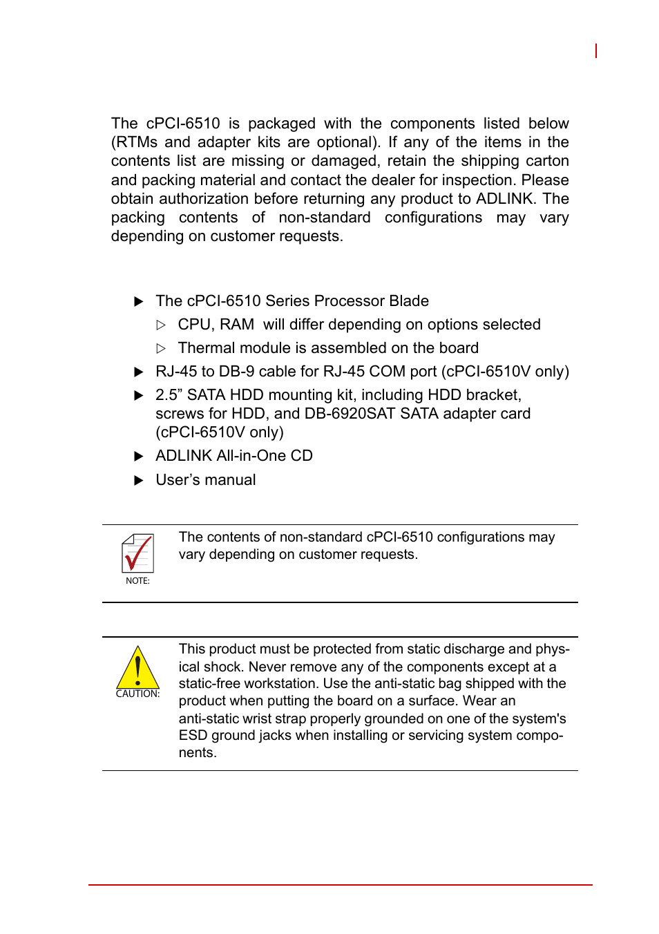 5 package contents, Processor blade, Package contents | ADLINK cPCI-6510 User Manual | Page 19 / 110
