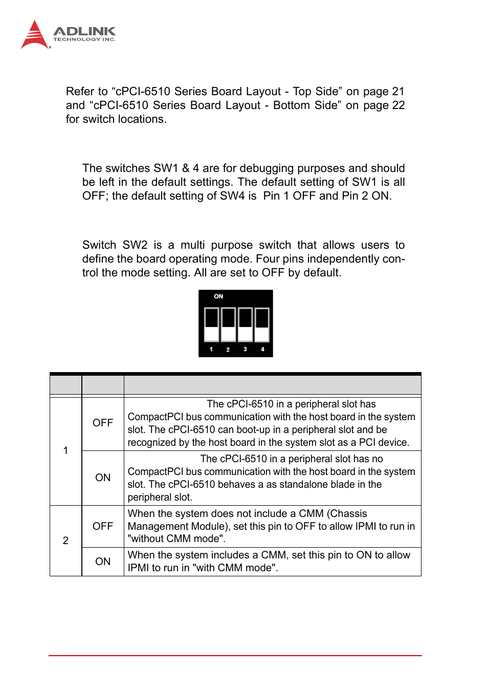 5 switch and jumper settings, Sw1 & sw4 (debug use only), Mode switch (sw2) | Switch and jumper settings | ADLINK cPCI-6510 User Manual | Page 52 / 110