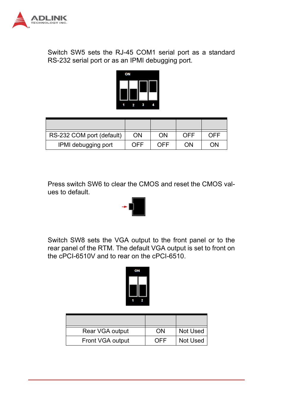 Com1/debug switch (sw5), Clear cmos switch (sw6), Front/rear vga selection switch (sw8) | Table 4-18: com1/debug switch settings | ADLINK cPCI-6510 User Manual | Page 54 / 110