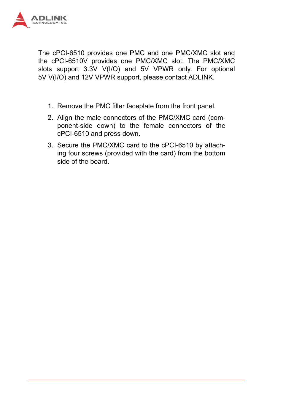 3 pmc/xmc module installation, Installing a pmc/xmc module, Pmc/xmc module installation | ADLINK cPCI-6510 User Manual | Page 60 / 110