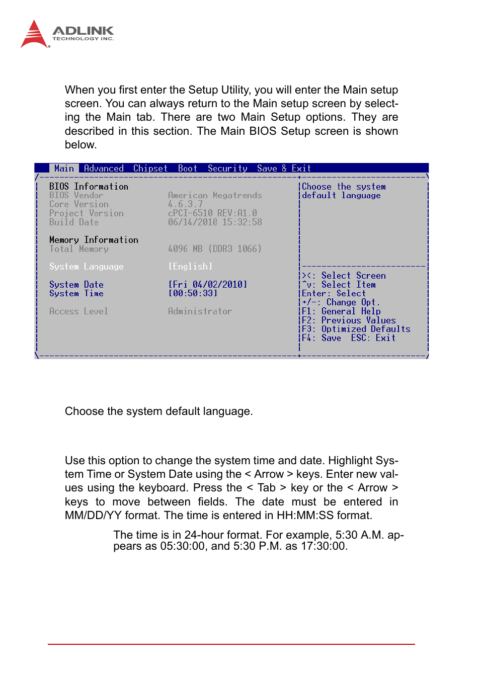 2 main setup, System language, System time/system date | Main setup | ADLINK cPCI-6510 User Manual | Page 78 / 110
