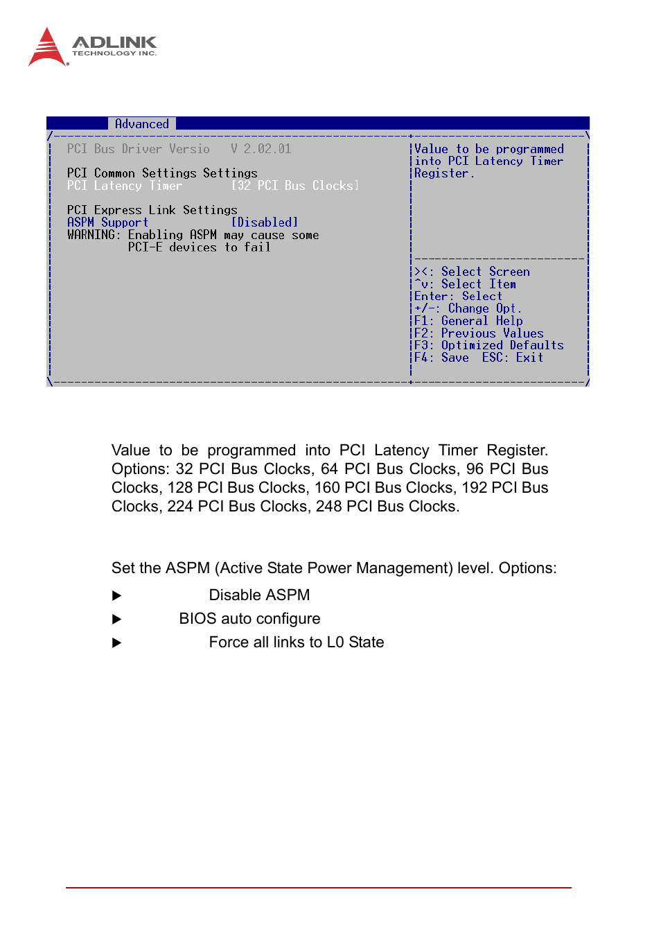 Pci subsystem settings, Pci latency timer, Aspm support | ADLINK cPCI-6510 User Manual | Page 80 / 110