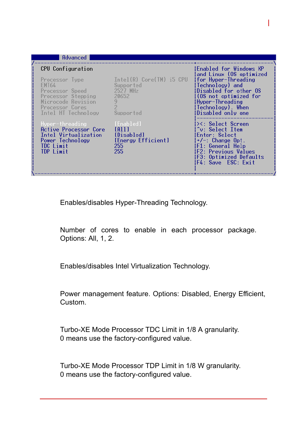 Cpu configuration, Hyper-threading, Active processor cores | Intel virtualization, Power technology, Tdc limit, Tdp limit | ADLINK cPCI-6510 User Manual | Page 81 / 110