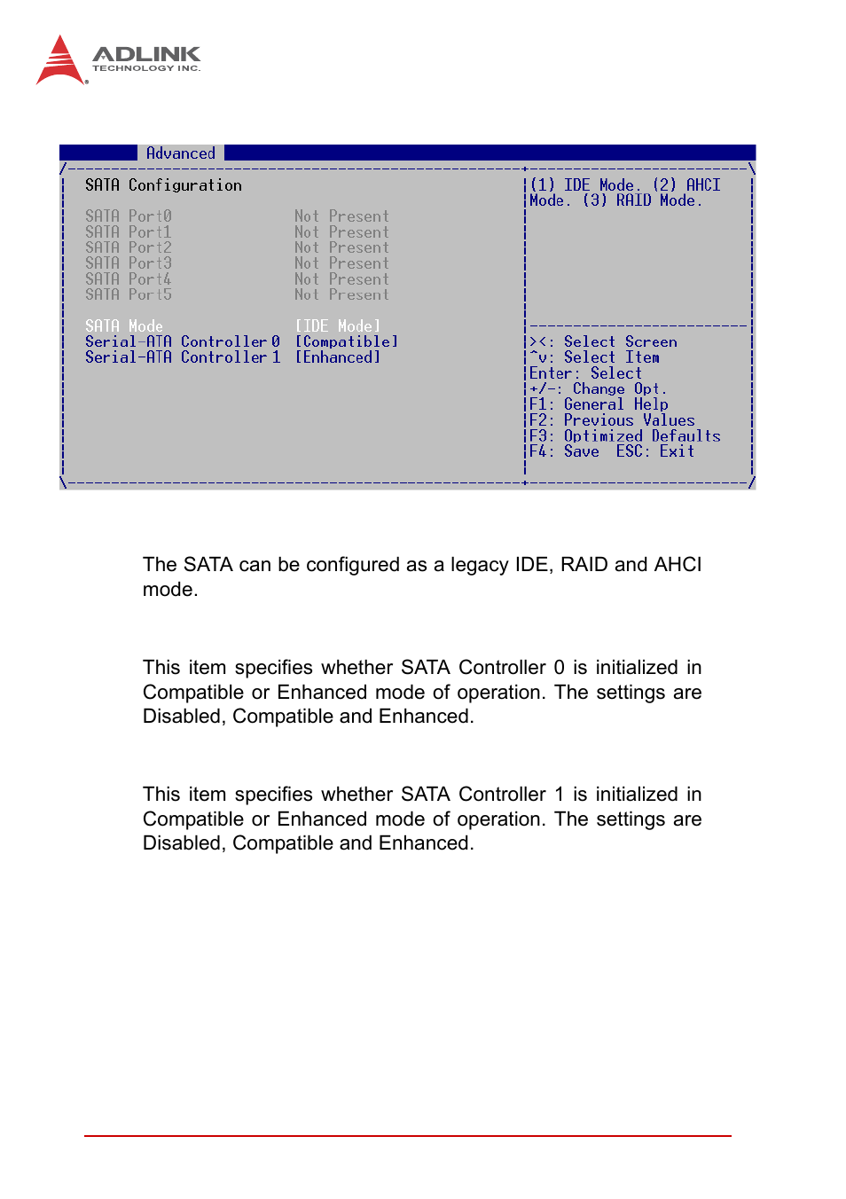 Sata configuration, Sata mode, Serial ata controller 0 | Serial ata controller 1 | ADLINK cPCI-6510 User Manual | Page 82 / 110