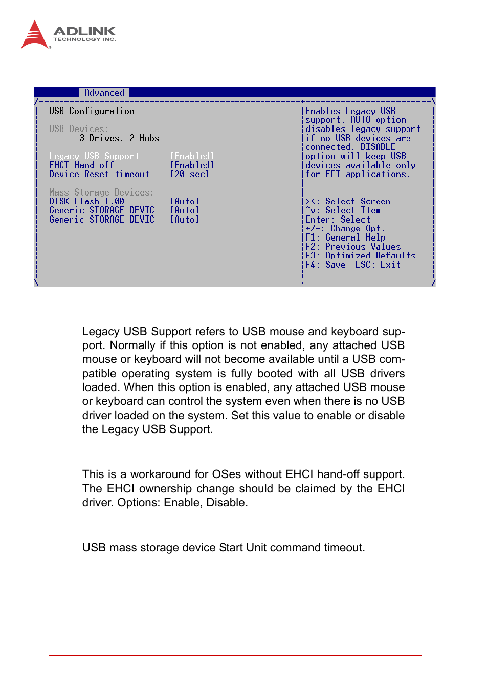 Usb configuration, Legacy usb support, Ehci hand-off | Device reset timeout | ADLINK cPCI-6510 User Manual | Page 84 / 110