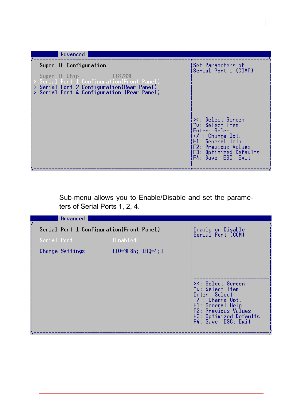 Super io configuration, Serial port 1/2/4 configuration | ADLINK cPCI-6510 User Manual | Page 85 / 110
