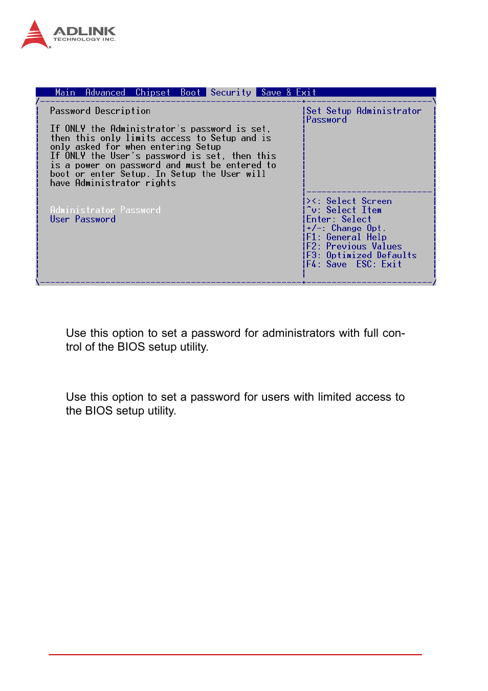 6 security setup, Administrator password, User password | Security setup | ADLINK cPCI-6510 User Manual | Page 94 / 110