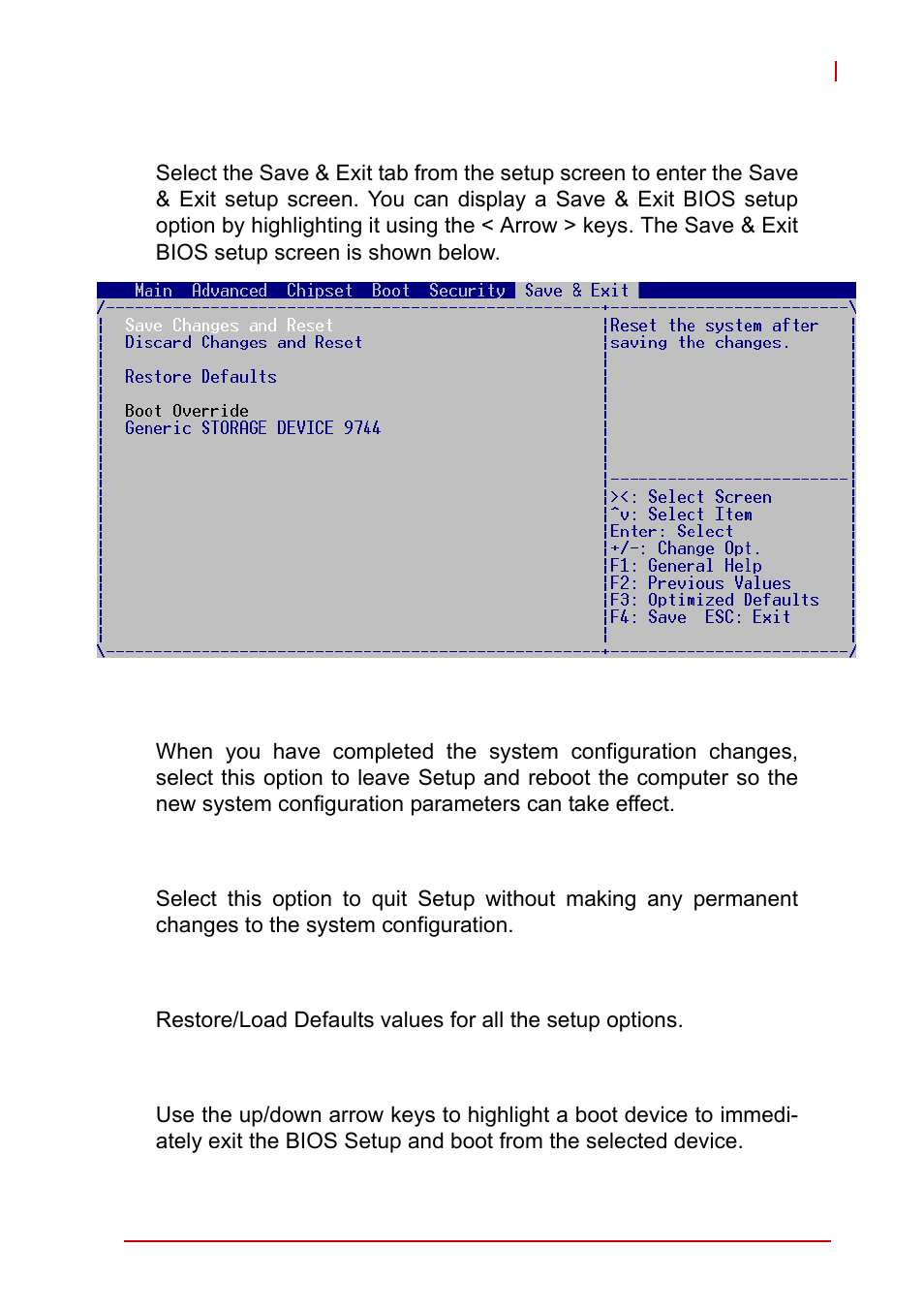 7 save & exit, Save changes and reset, Discard changes and reset | Restore defaults, Boot override, Save & exit | ADLINK cPCI-6510 User Manual | Page 95 / 110