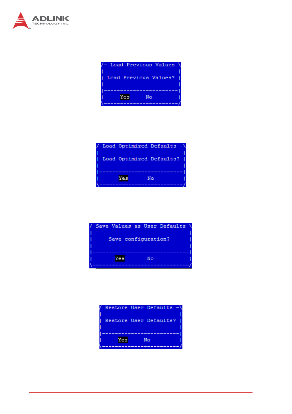 Discard changes, Restore defaults, Save as user defaults | Restore user defaults | ADLINK cPCI-6930 User Manual | Page 118 / 142