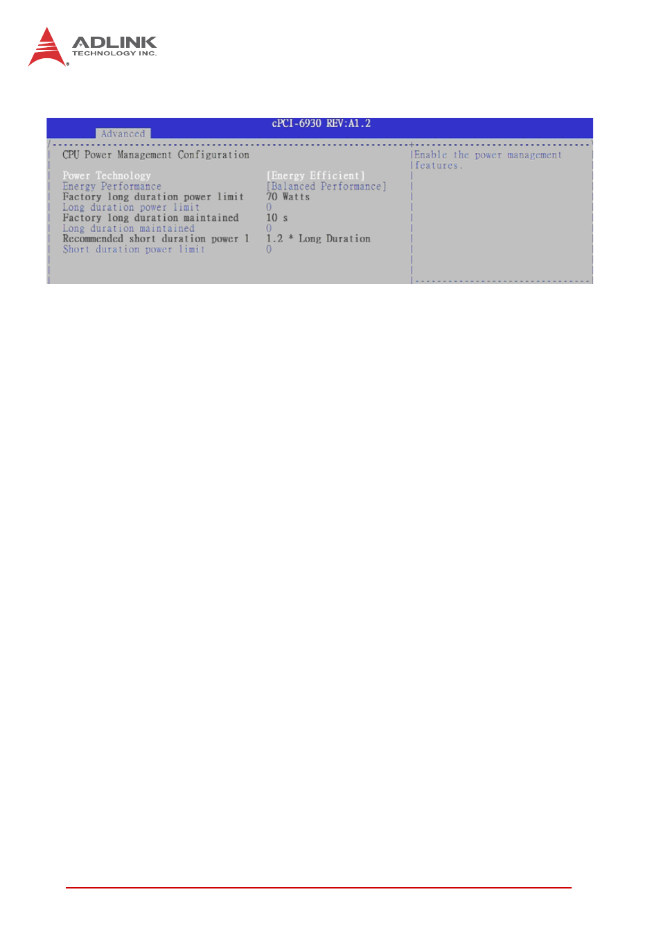 Cpu power management configuration, Power technology, Energy performance | Long duration power limit, Long duration maintained, Short duration power | ADLINK cPCI-6930 User Manual | Page 94 / 142