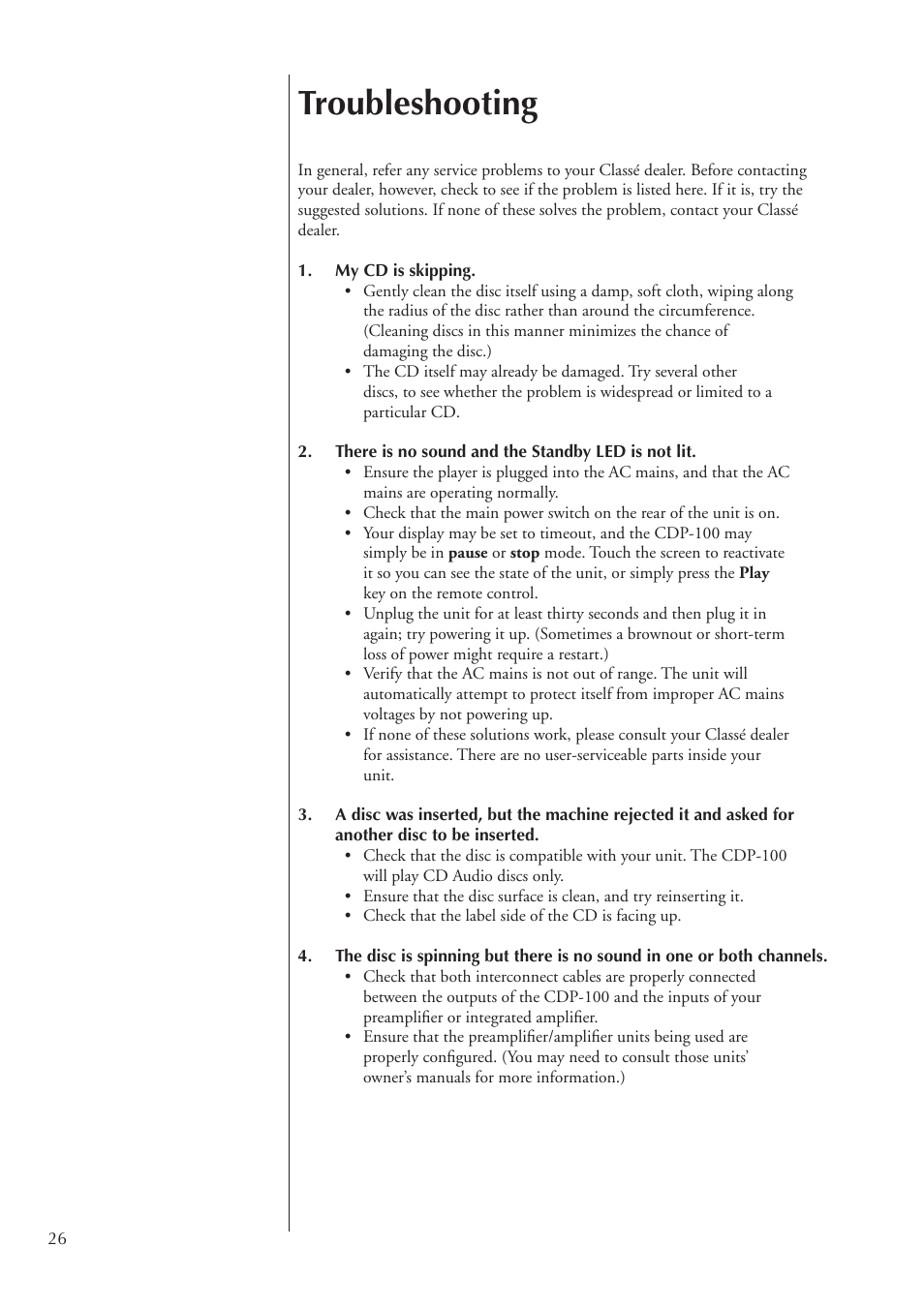 Troubleshooting | Classe Audio CDP-100 User Manual | Page 26 / 32