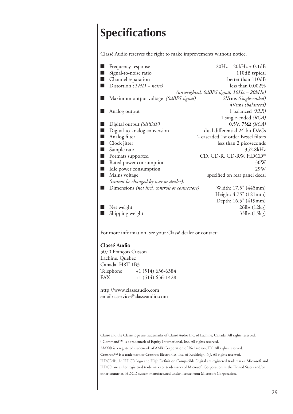 Speciﬁcations | Classe Audio CDP-100 User Manual | Page 29 / 32