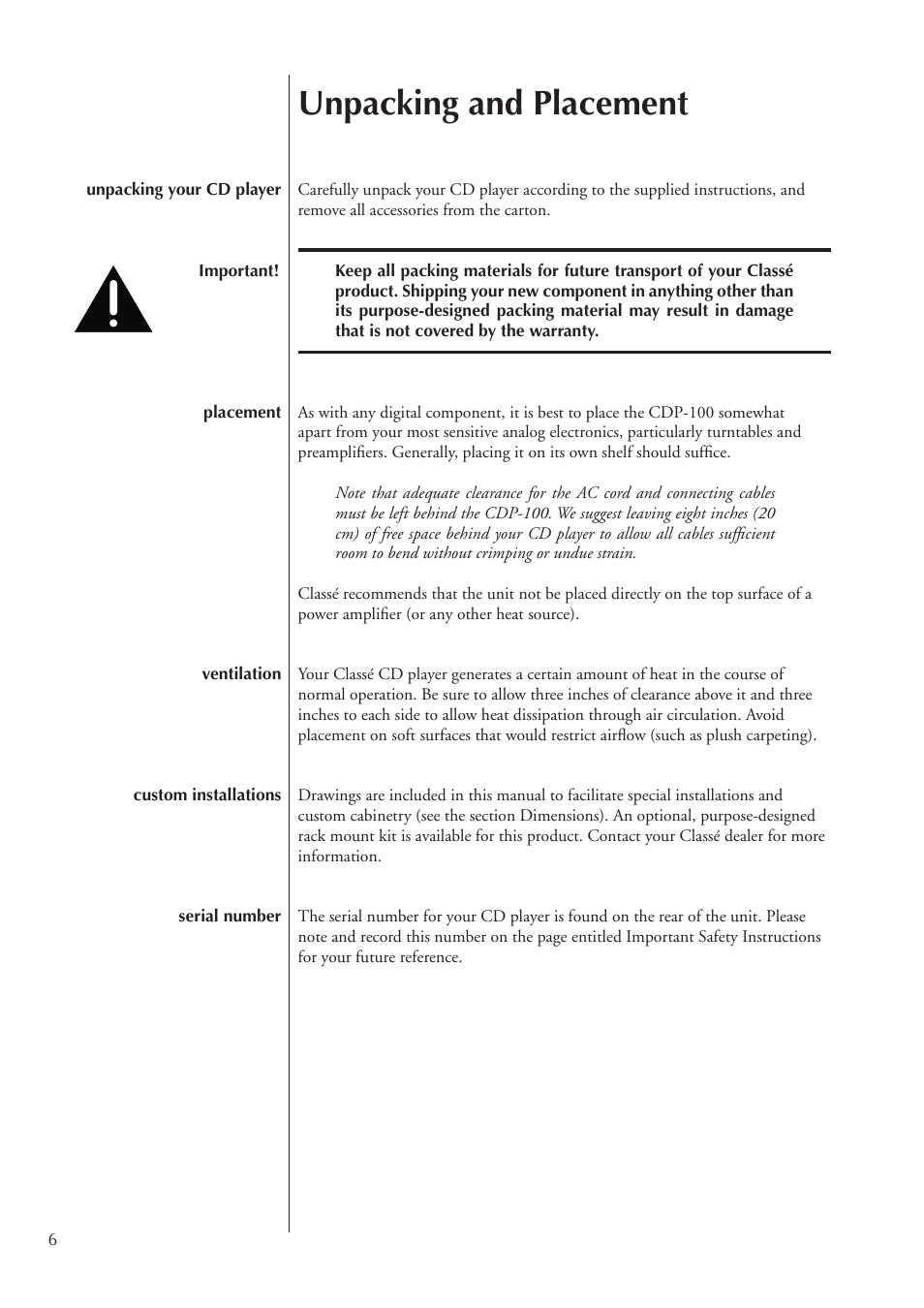 Unpacking and placement | Classe Audio CDP-100 User Manual | Page 6 / 32