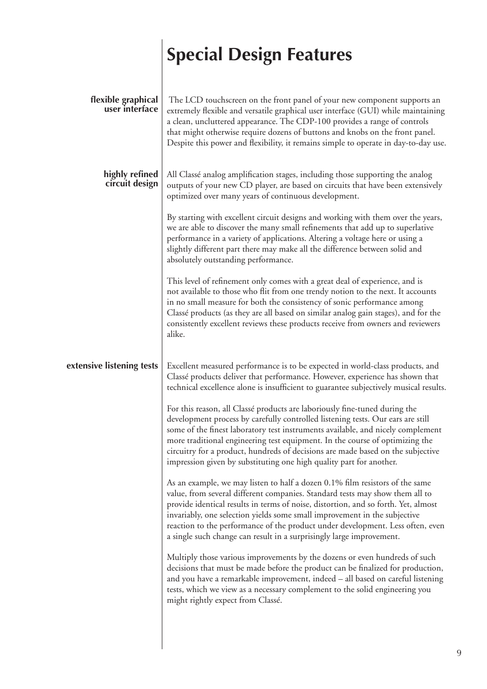 Special design features | Classe Audio CDP-100 User Manual | Page 9 / 32