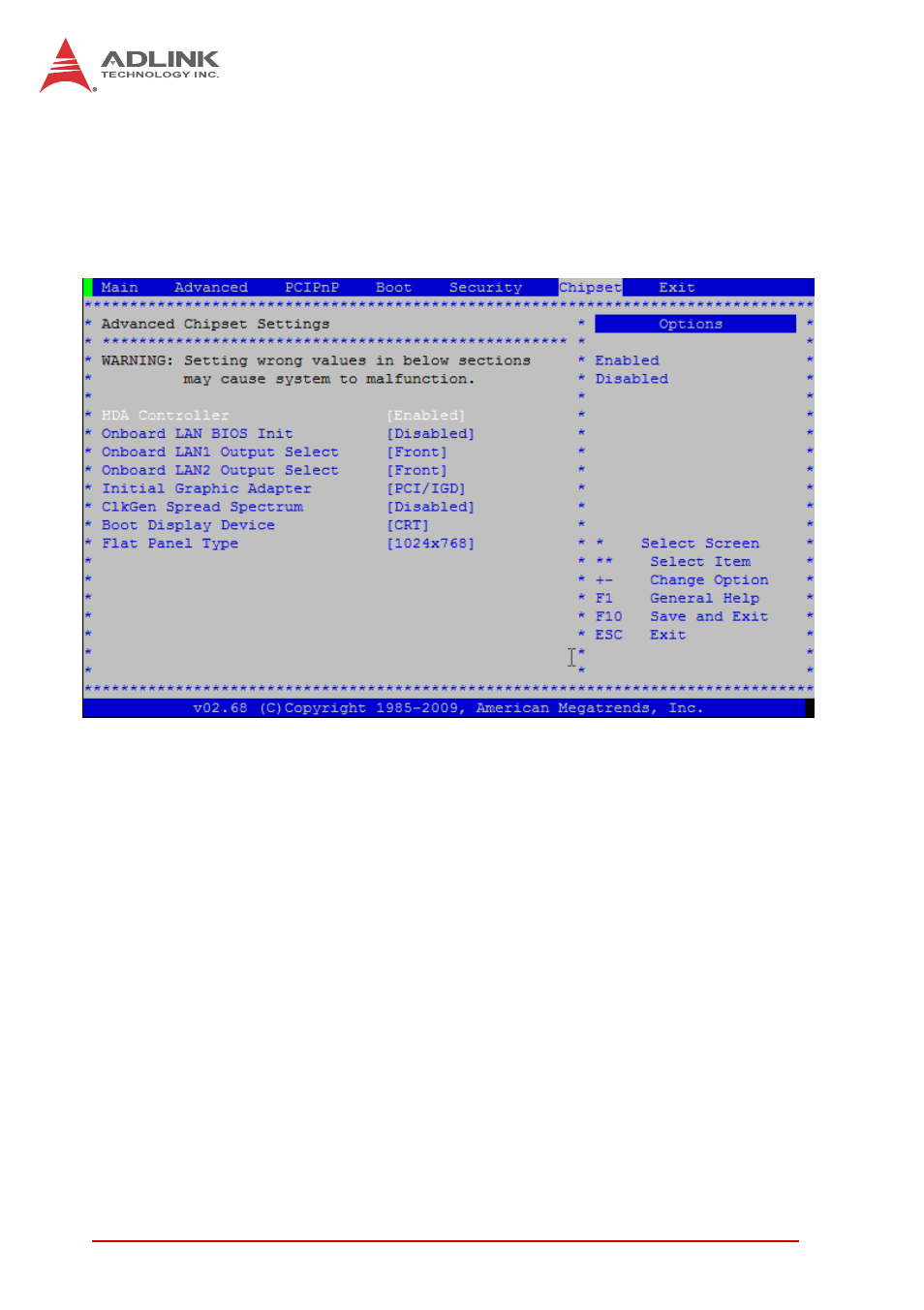 7 chipset setup, Hda controller, Onboard lan bios init | Onboard lan1/2 output select, Initial graphics adapter, Chipset setup | ADLINK cPCI-6615 User Manual | Page 92 / 100