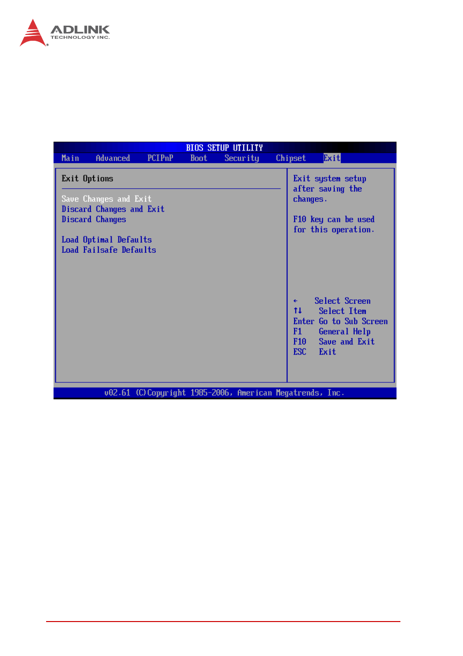 8 exit menu, Save changes and exit, Discard changes and exit | Exit menu | ADLINK cPCI-6870 User Manual | Page 102 / 118