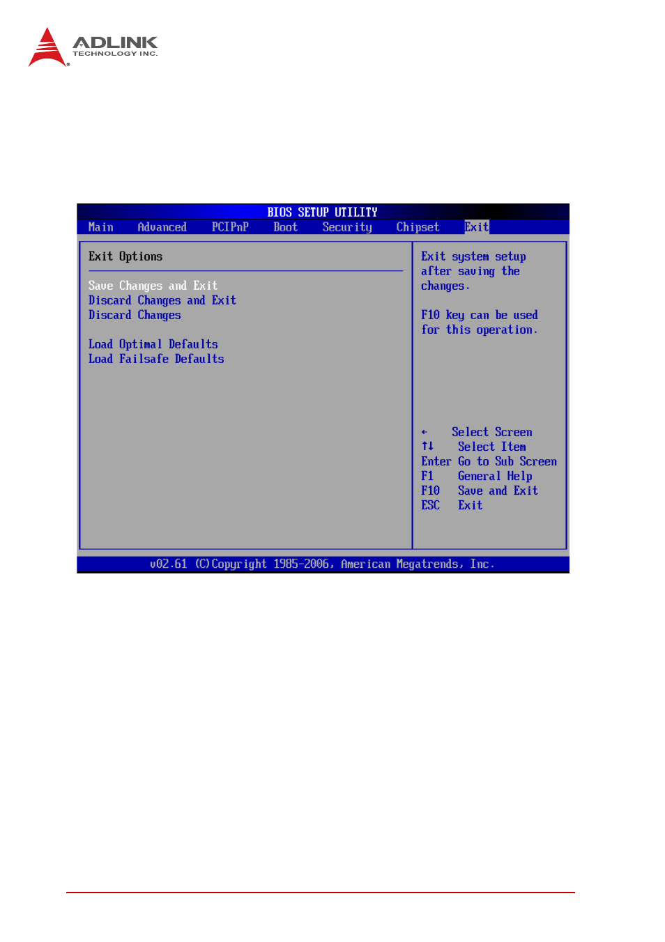 8 exit menu, Save changes and exit, Discard changes and exit | Exit menu | ADLINK cPCI-6965 User Manual | Page 110 / 116