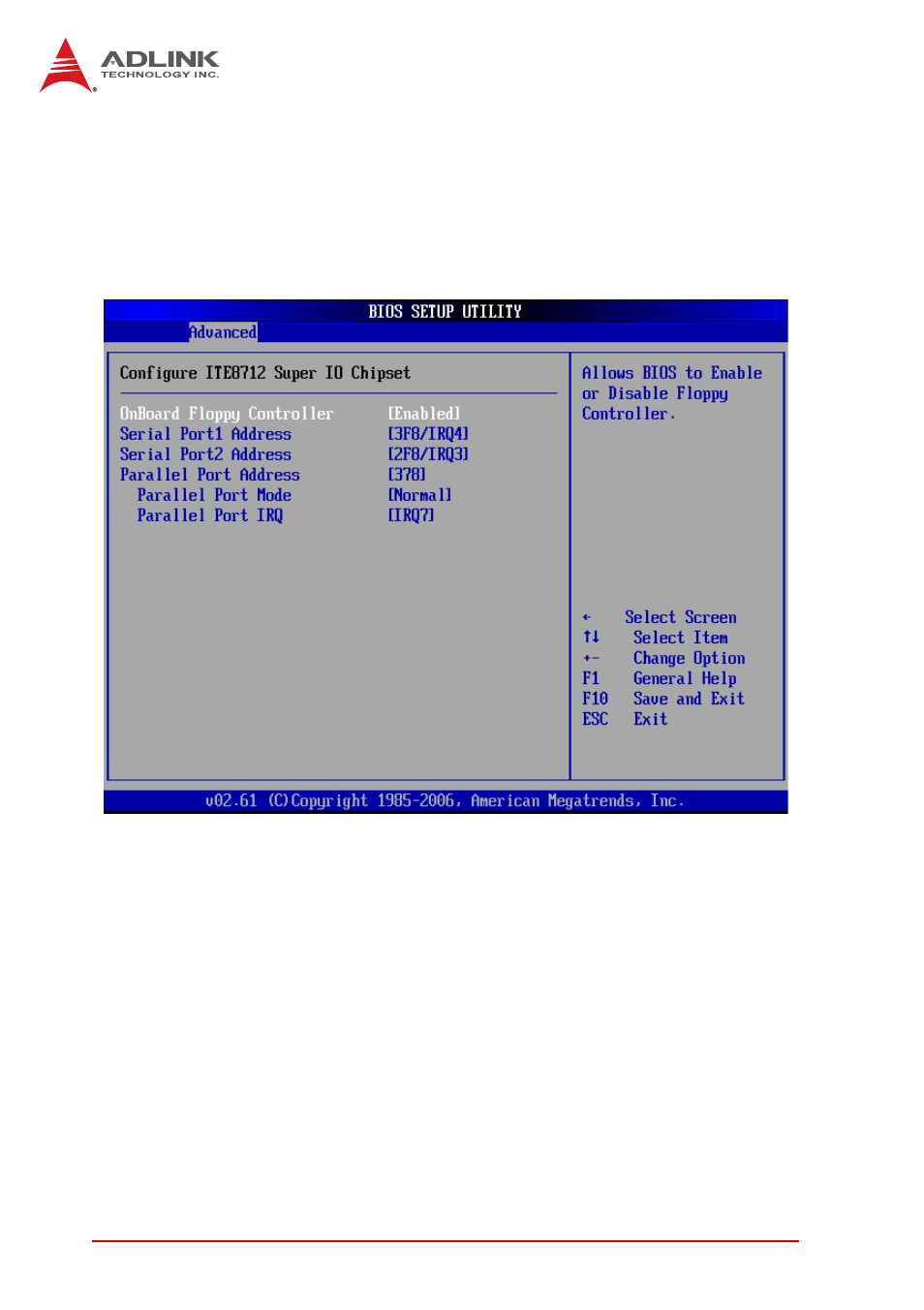 Super io configuration, Onboard floppy controller, Serial port1 address | Serial port2 address | ADLINK cPCI-6965 User Manual | Page 94 / 116