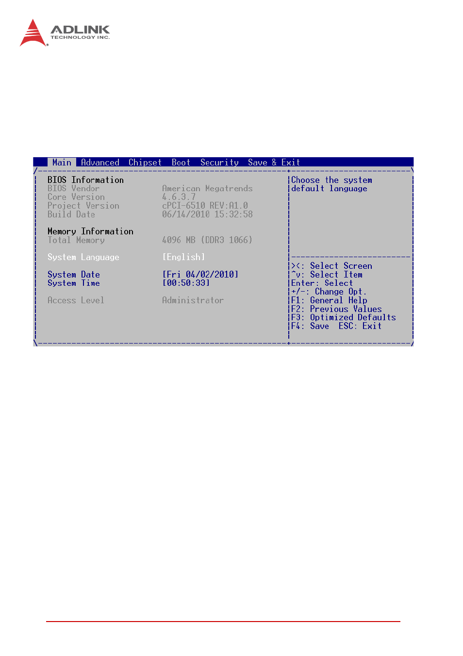 2 main setup, System language, System time/system date | Main setup | ADLINK CT-61 User Manual | Page 56 / 88