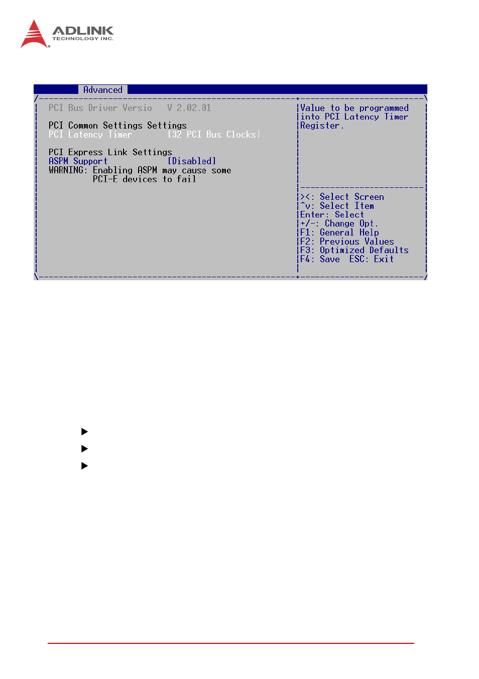 Pci subsystem settings, Pci latency timer, Aspm support | ADLINK CT-61 User Manual | Page 58 / 88