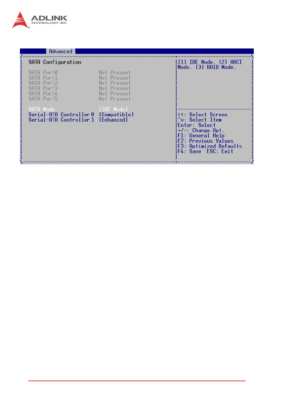 Sata configuration, Sata mode, Serial ata controller 0 | Serial ata controller 1 | ADLINK CT-61 User Manual | Page 60 / 88