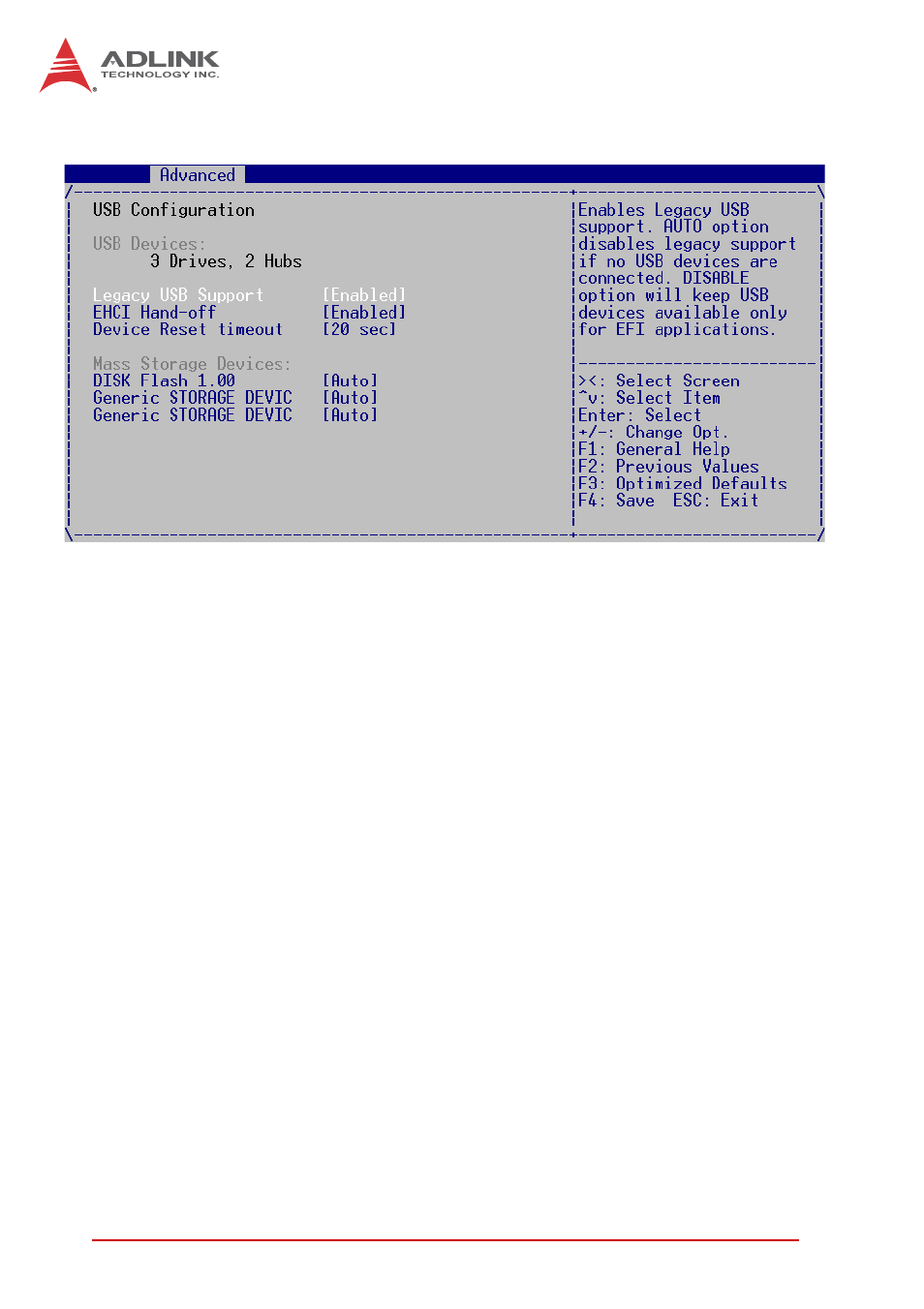 Usb configuration, Legacy usb support, Ehci hand-off | Device reset timeout | ADLINK CT-61 User Manual | Page 62 / 88