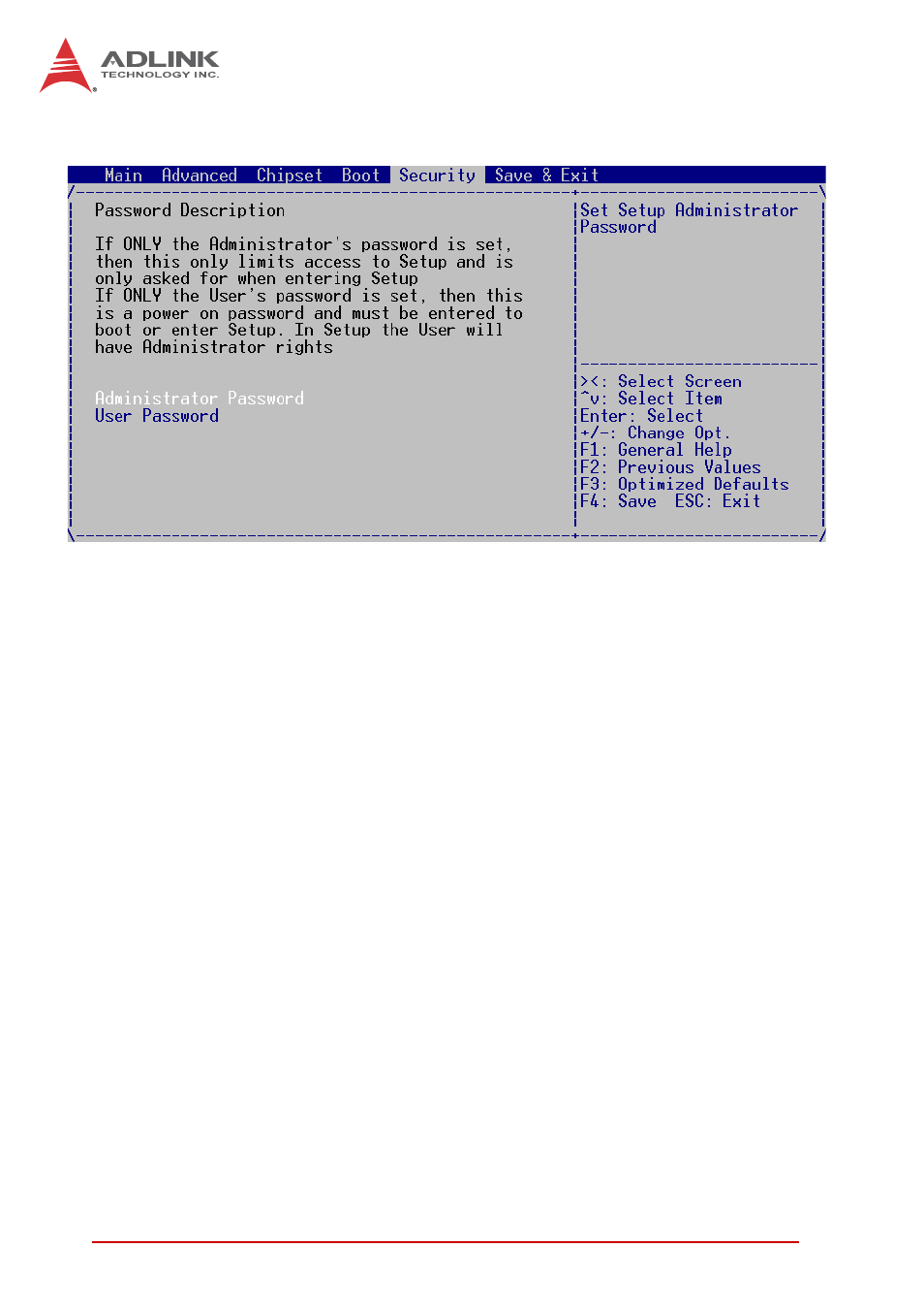 6 security setup, Administrator password, User password | Security setup | ADLINK CT-61 User Manual | Page 72 / 88