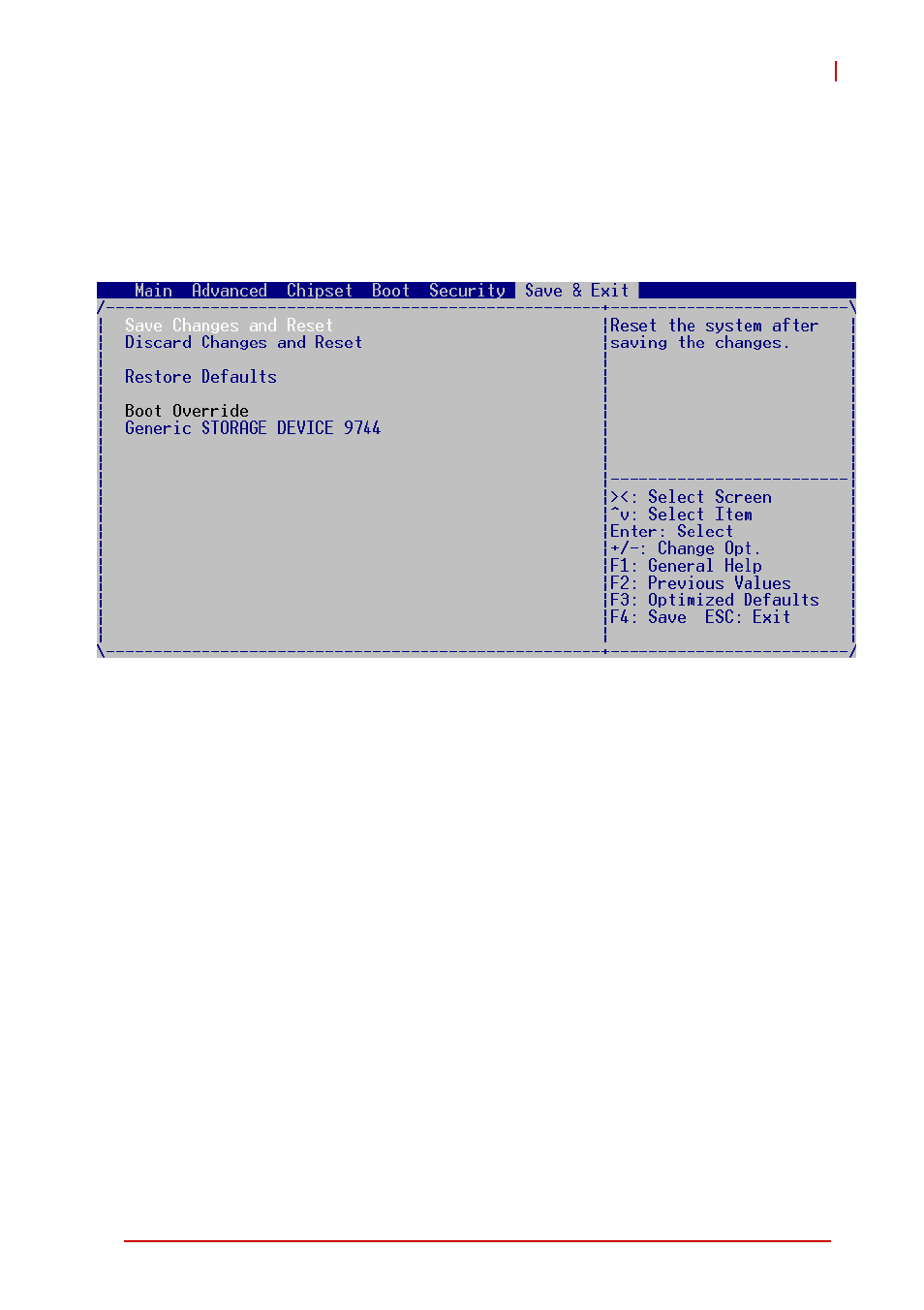 7 save & exit, Save changes and reset, Discard changes and reset | Restore defaults, Boot override, Save & exit | ADLINK CT-61 User Manual | Page 73 / 88