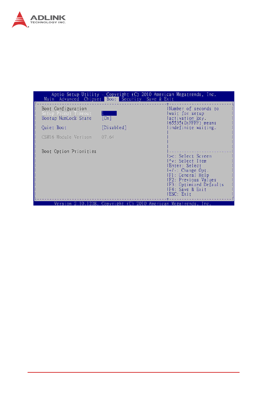 5 boot configuration, Setup prompt timeout, Bootup num-lock | Quiet boot, Boot configuration | ADLINK cPCI-3971 User Manual | Page 138 / 158