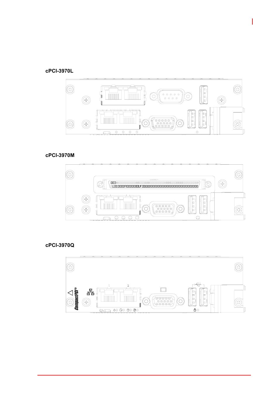 7 cpci-3970l, cpci-3970m, cpci-3970q front panel, Cpci-3970l, cpci-3970m, cpci-3970q front panel, Figure 4-7: cpci-3970l/m/q front panel layout | ADLINK cPCI-3971 User Manual | Page 49 / 158