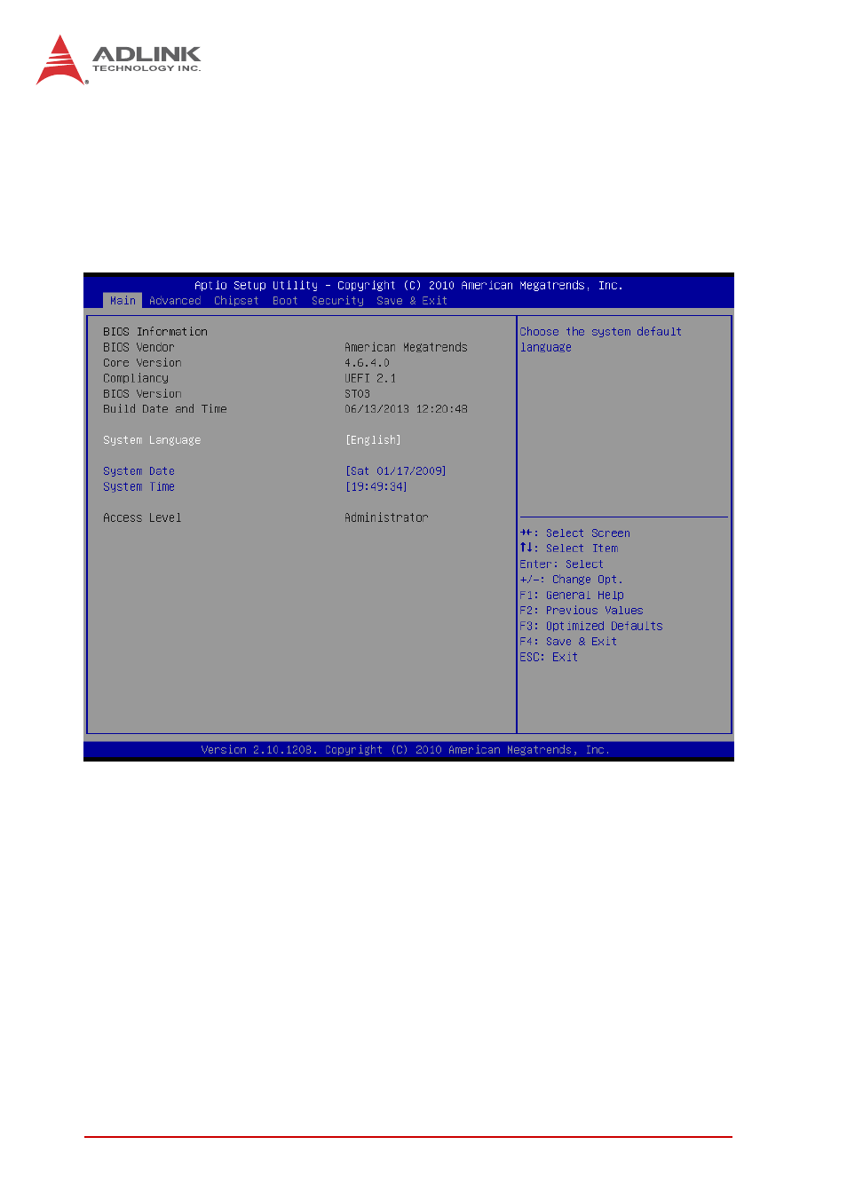 2 main setup, System date/time, Main setup | ADLINK cPCI-6625 User Manual | Page 56 / 88