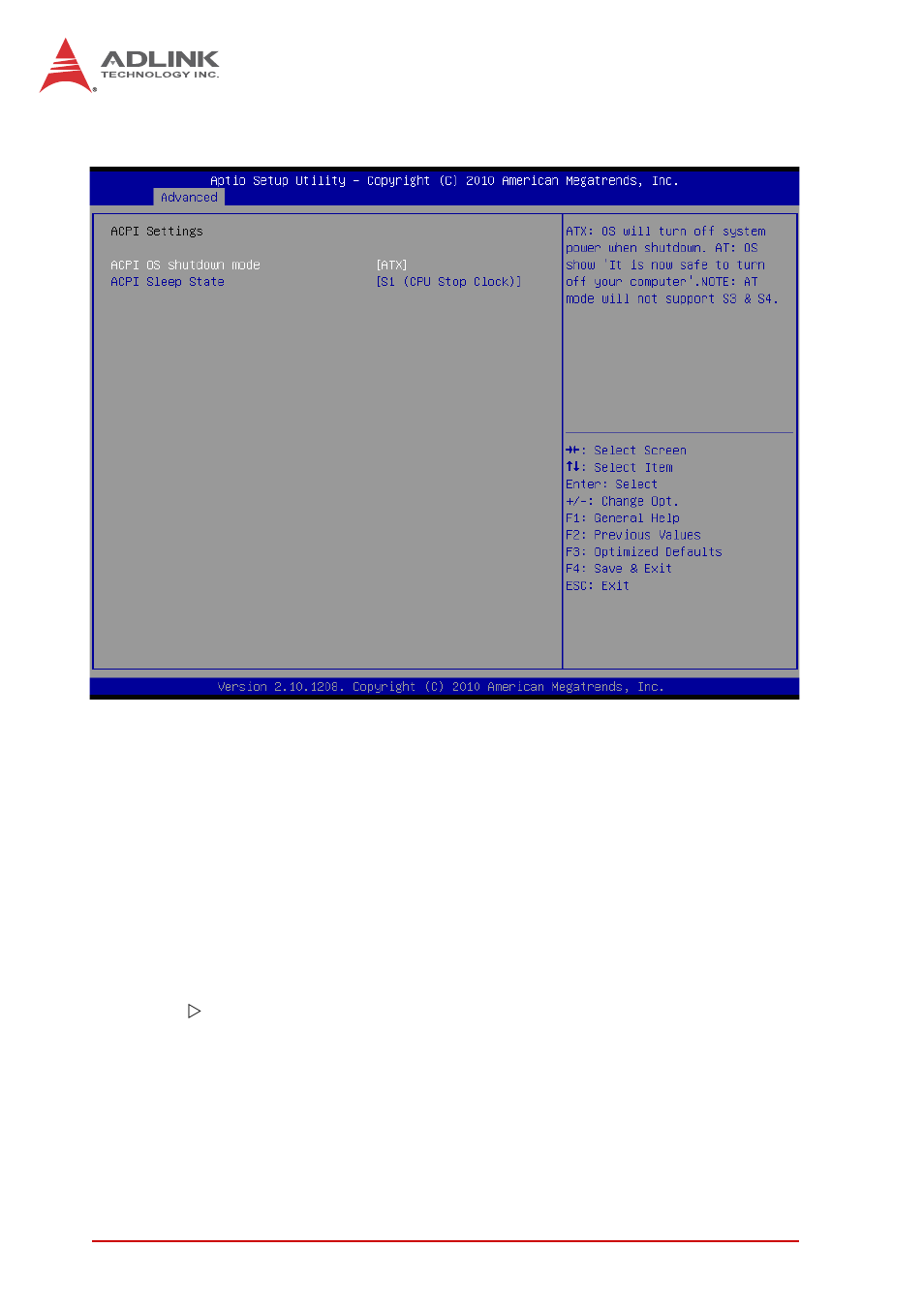 2 acpi settings, Acpi os shutdown mode, Acpi sleep state | ADLINK cPCI-6625 User Manual | Page 60 / 88