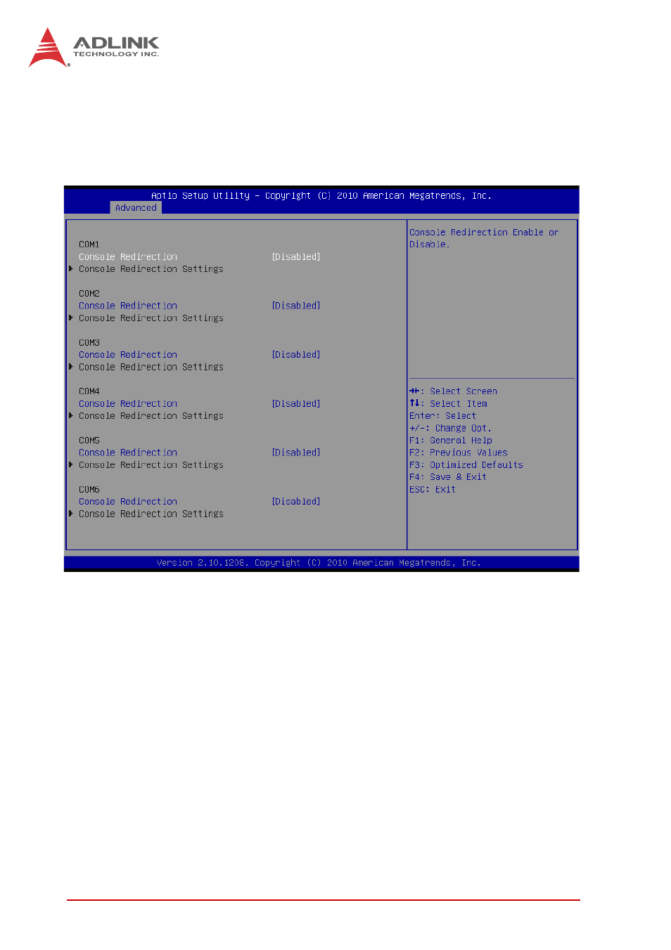 8 serial port console redirection, Console redirection, Console redirection settings | ADLINK cPCI-6625 User Manual | Page 68 / 88