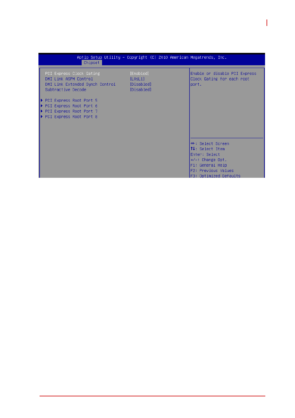 Pci express configuration, Pci express clock gating, Dmi link aspm control | Dmi link extended synch control, Subtractive decode, Pci express root port 5~8 | ADLINK cPCI-6625 User Manual | Page 79 / 88