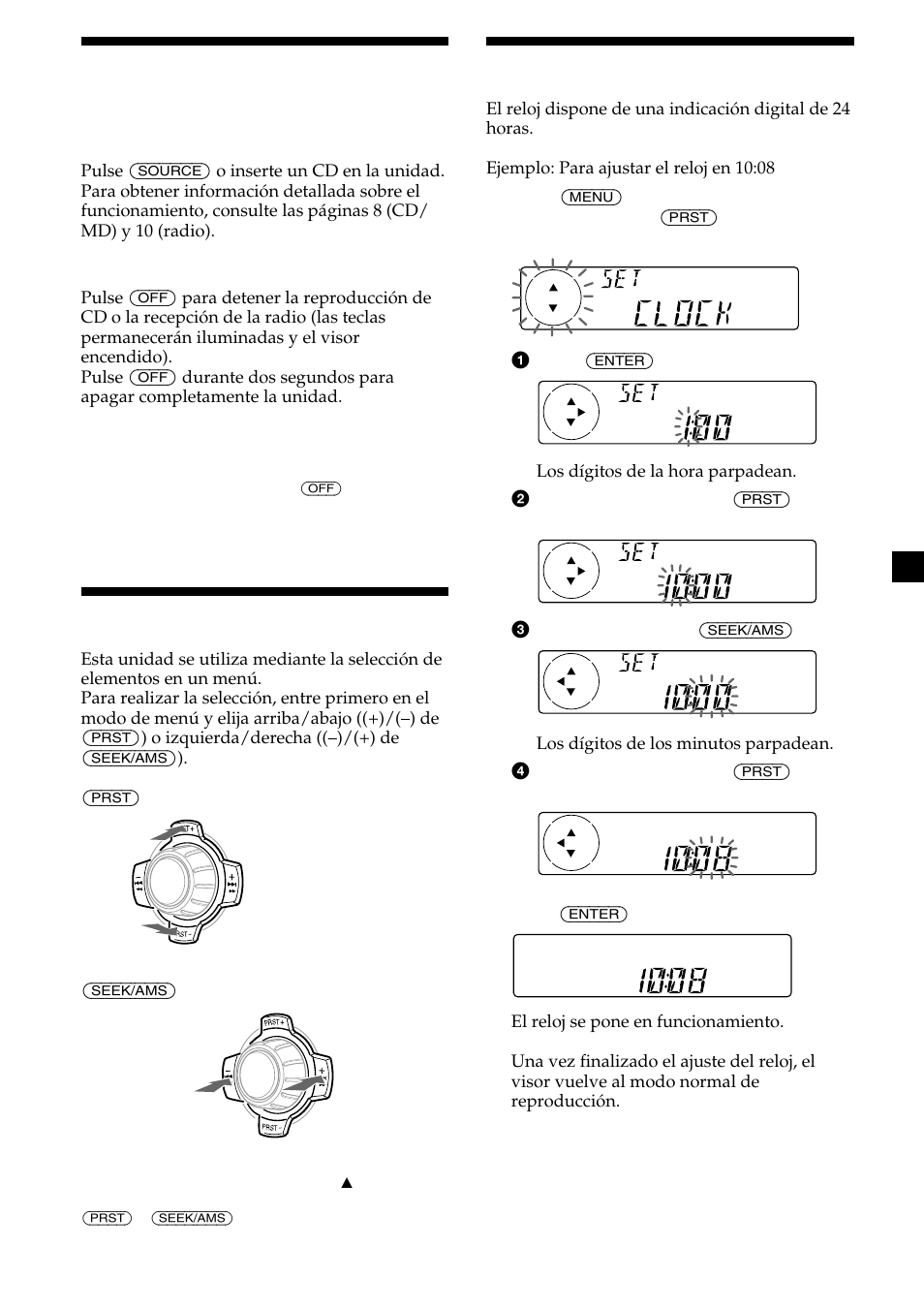 7activación/desactivación de la unidad, Utilización del menú, Ajuste del reloj | Sony CDX-L450 User Manual | Page 31 / 146