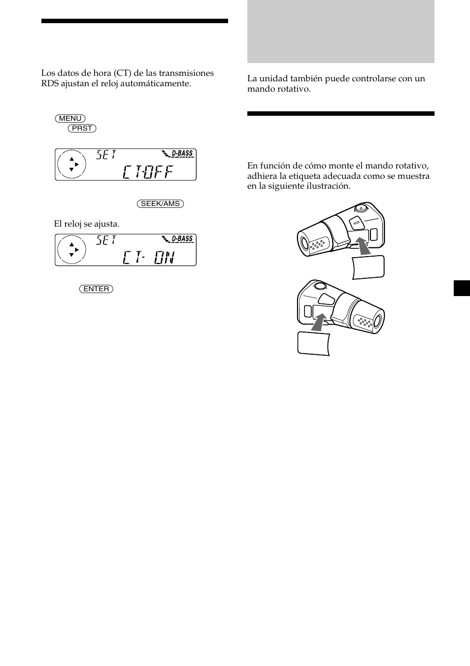 Otras funciones, Etiquetado del mando rotativo (opcional), Ajuste automático del reloj | Sony CDX-L450 User Manual | Page 41 / 146