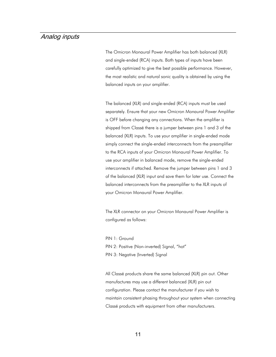 Analog inputs | Classe Audio Classe Audio User Manual | Page 10 / 16