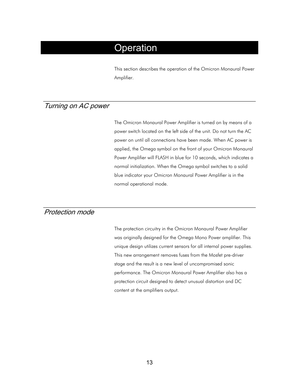 Operation, Turning on ac power, Protection mode | Classe Audio Classe Audio User Manual | Page 12 / 16