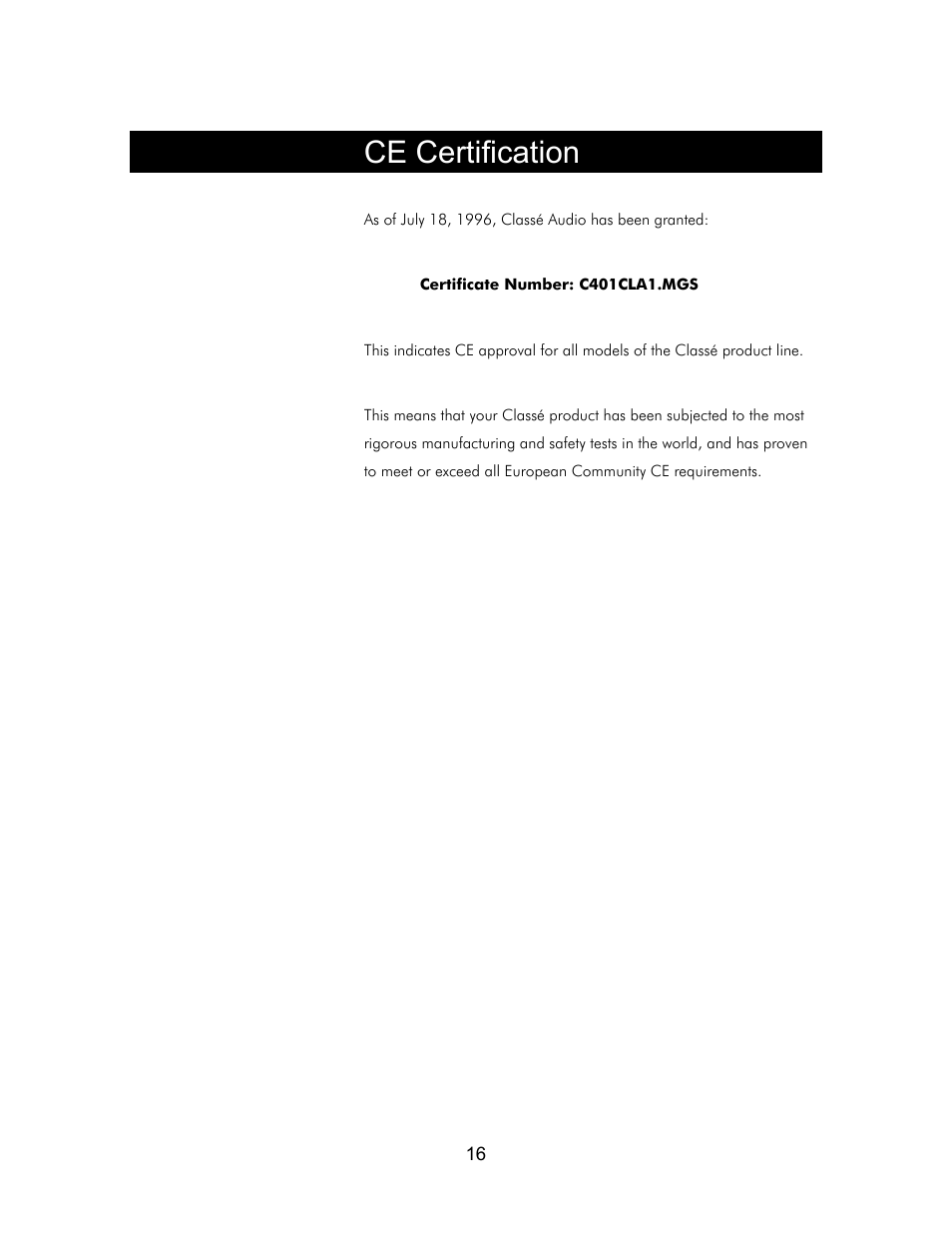 Ce certification | Classe Audio Classe Audio User Manual | Page 15 / 16