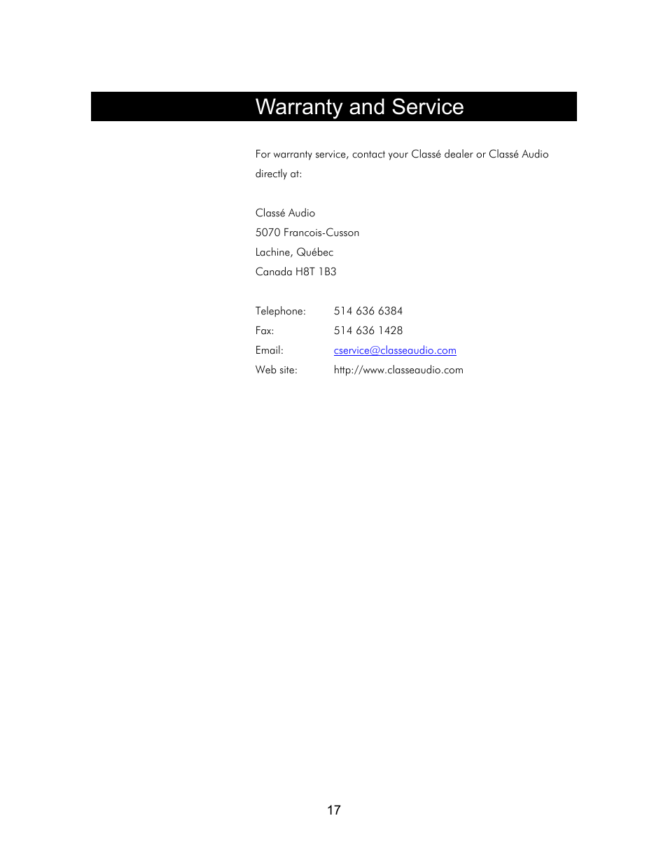 Warranty and service | Classe Audio Classe Audio User Manual | Page 16 / 16