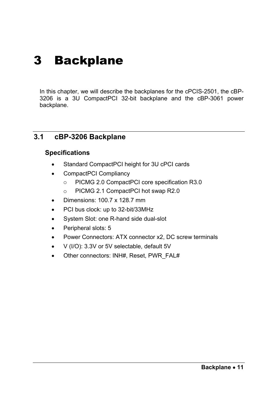 3 backplane, 1 cbp-3206 backplane, Specifications | Backplane, Cbp-3206 backplane | ADLINK cPCIS-2500 Series User Manual | Page 17 / 36