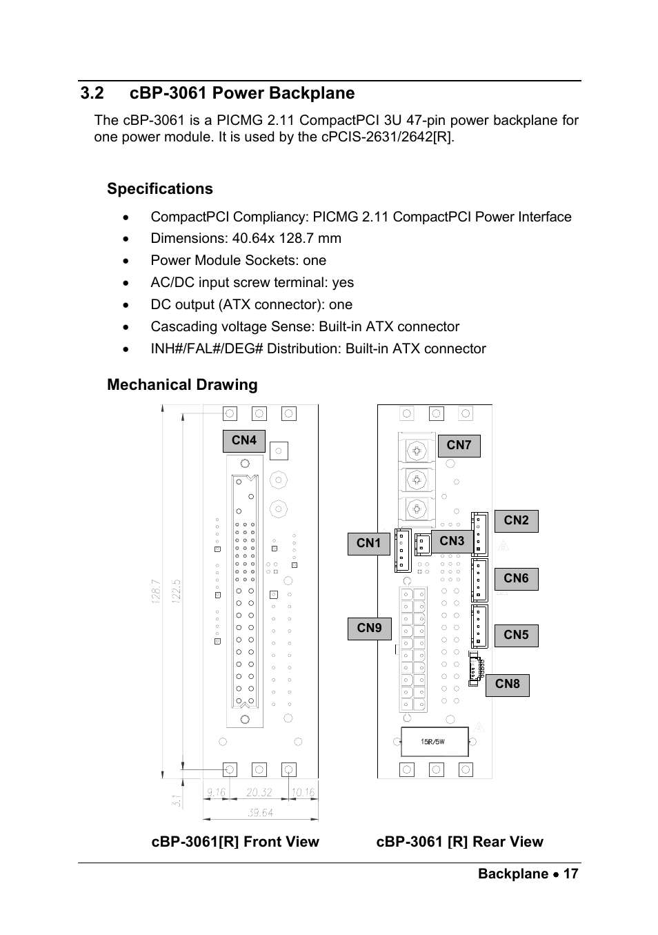 2 cbp-3061 power backplane, Specifications, Mechanical drawing | Cbp-3061 power backplane | ADLINK cPCIS-2500 Series User Manual | Page 23 / 36