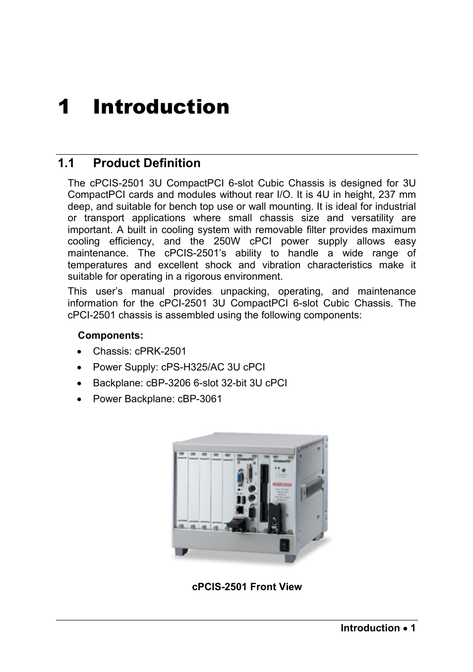 1 introduction, 1 product definition, Components | Introduction, Product definition | ADLINK cPCIS-2500 Series User Manual | Page 7 / 36