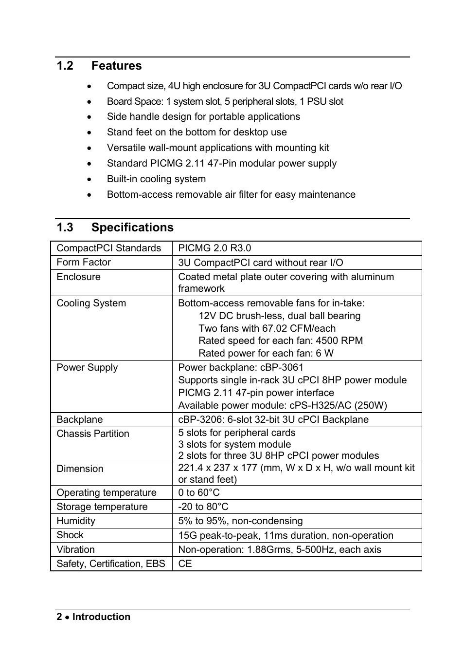 2 features, 3 specifications, Features | Specifications | ADLINK cPCIS-2500 Series User Manual | Page 8 / 36