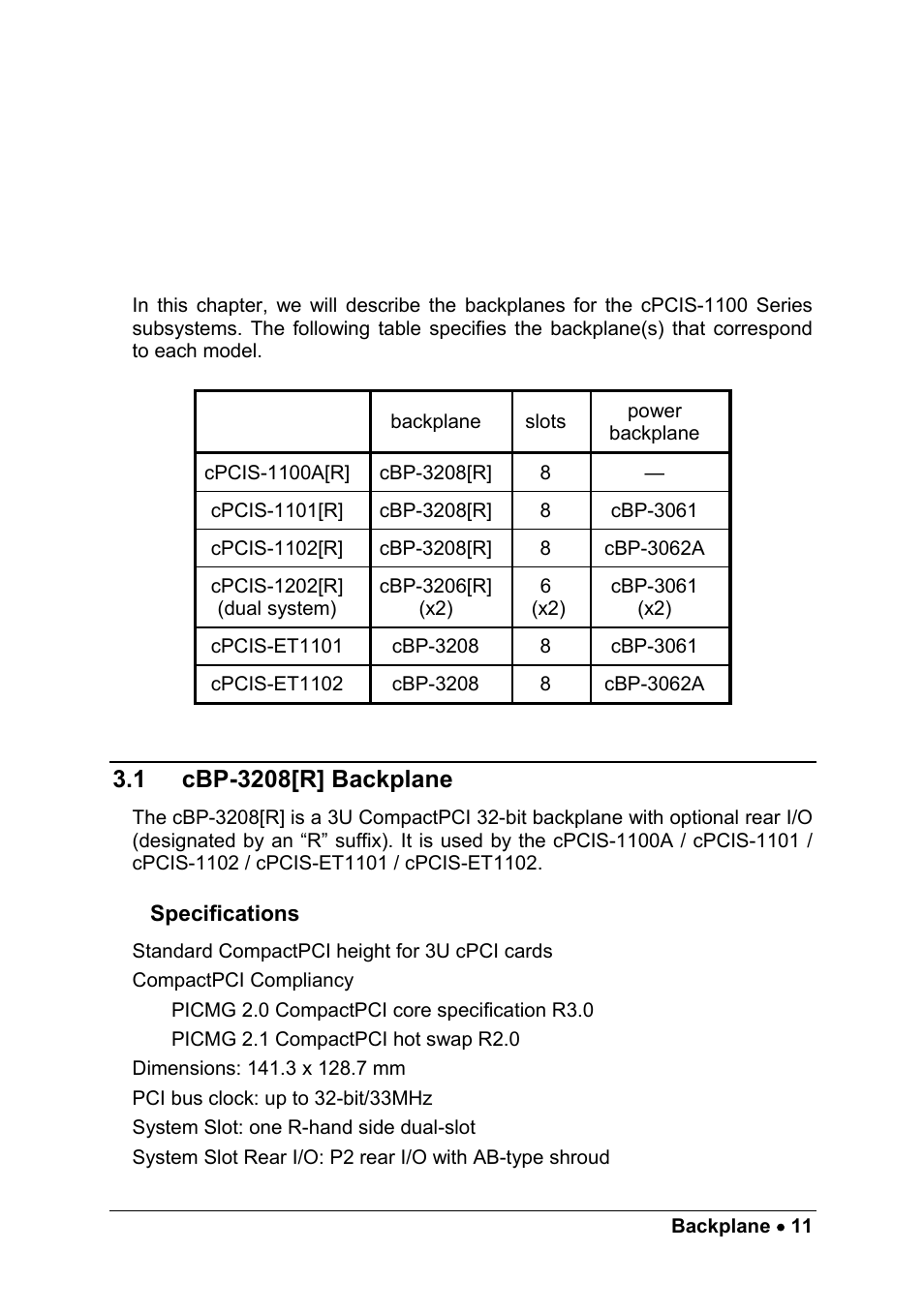 3 backplane, 1 cbp-3208[r] backplane, Specifications | Backplane, Cbp-3208[r] backplane | ADLINK cPCIS-1100A Series User Manual | Page 15 / 48